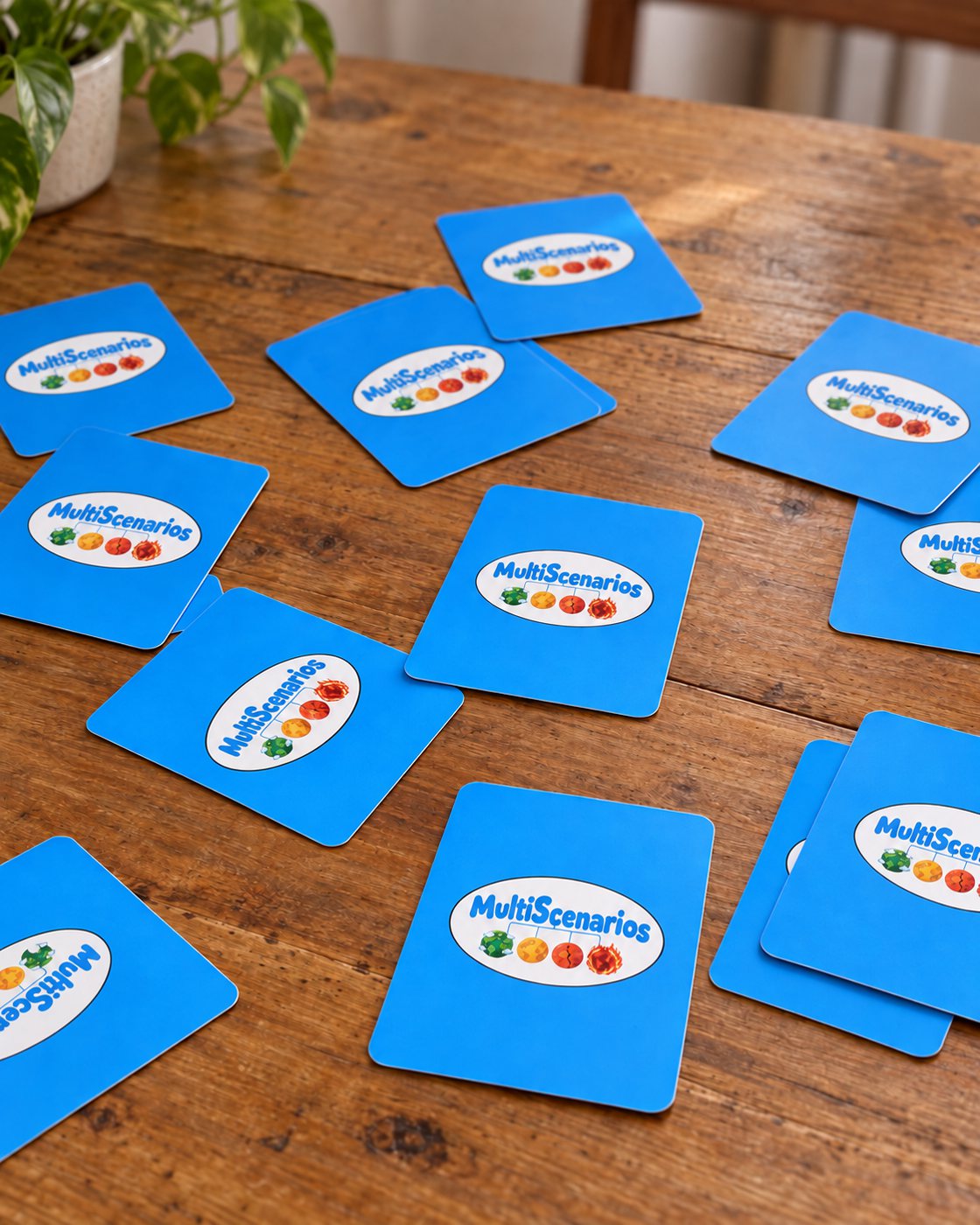 MultiScenarios cards spread across a wooden table